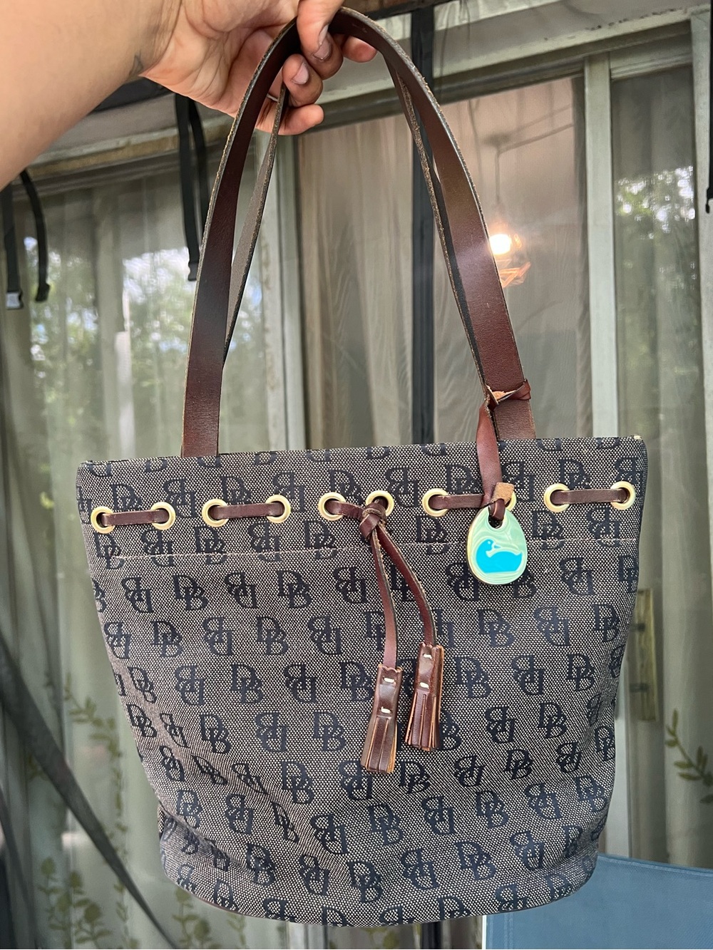 Dooney & Bourke Brown Logo Drawstring Tote with Gold Hardware